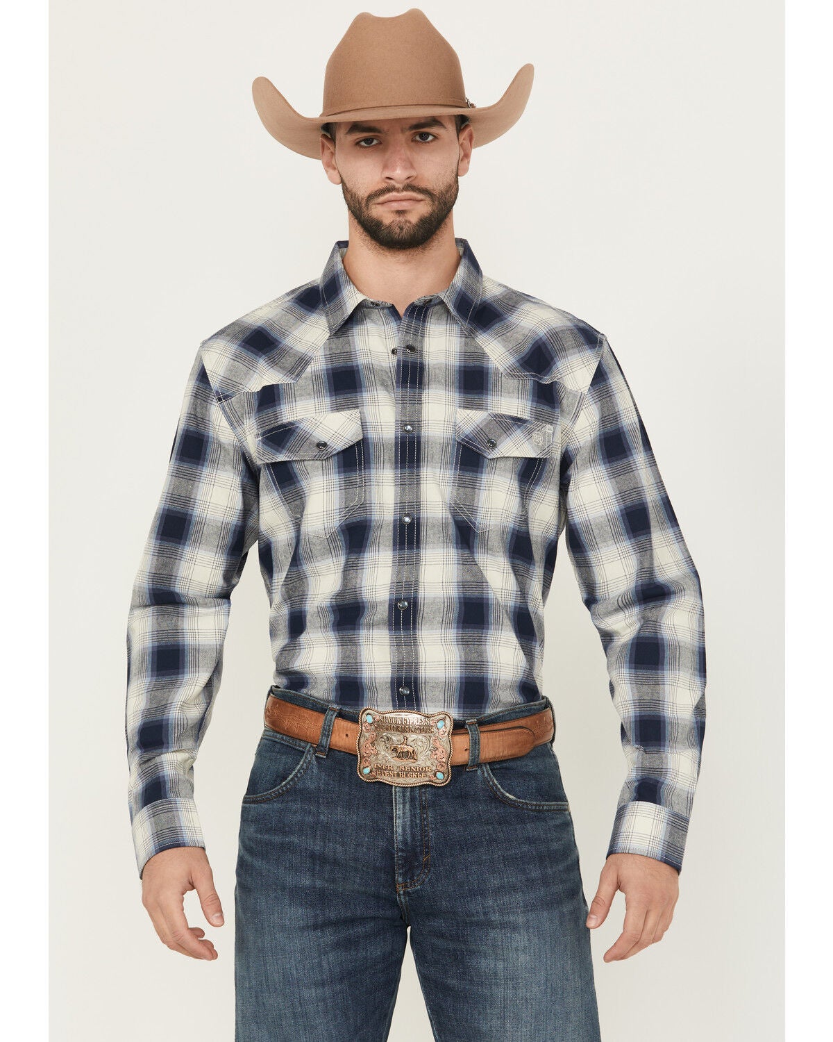 Blue Ranchwear Men's Aster Plaid Print Long Sleeve Snap Western Shirt, Navy, hi-res