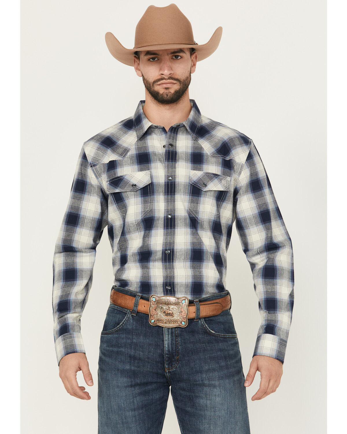 Image #1 - Blue Ranchwear Men's Aster Plaid Print Long Sleeve Snap Western Shirt, Navy, hi-res