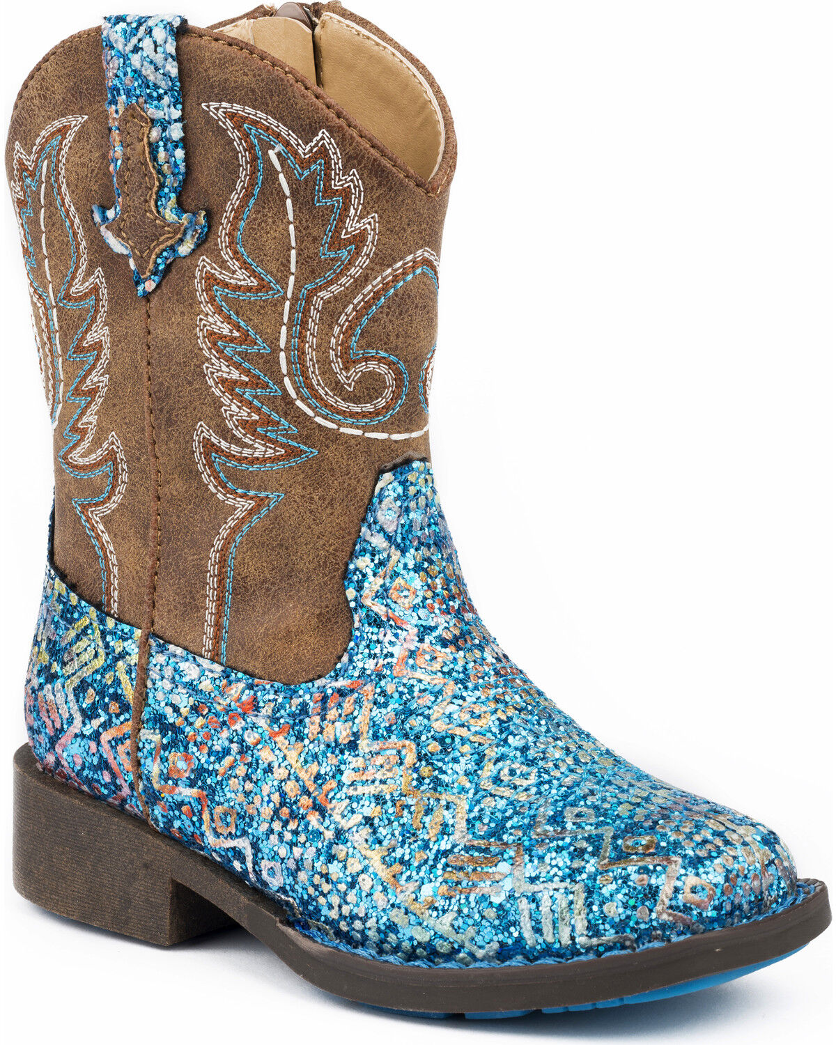 Roper Toddler-Girls' Turquoise Glitter Horse Light-Up Cowgirl Boot Round Toe Tan 