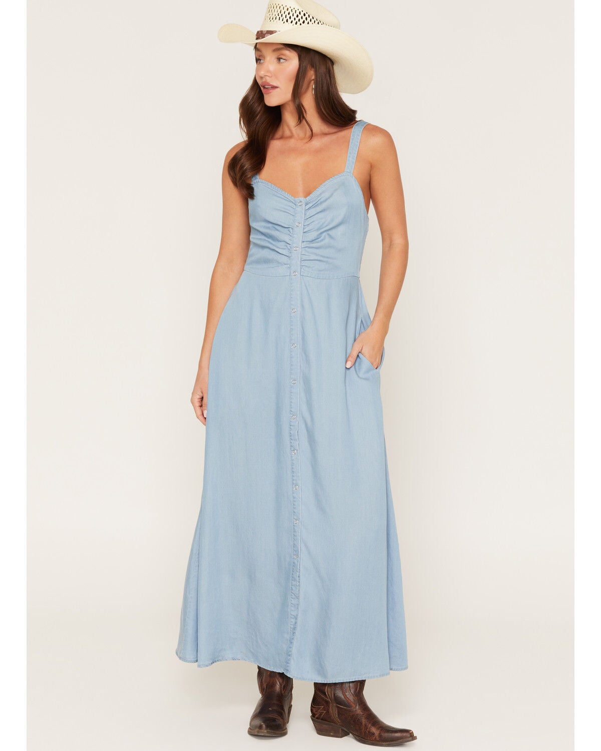 Lovestitch Women's Light Wash Sleeveless Snap Front Midi Dress, Light Wash, hi-res