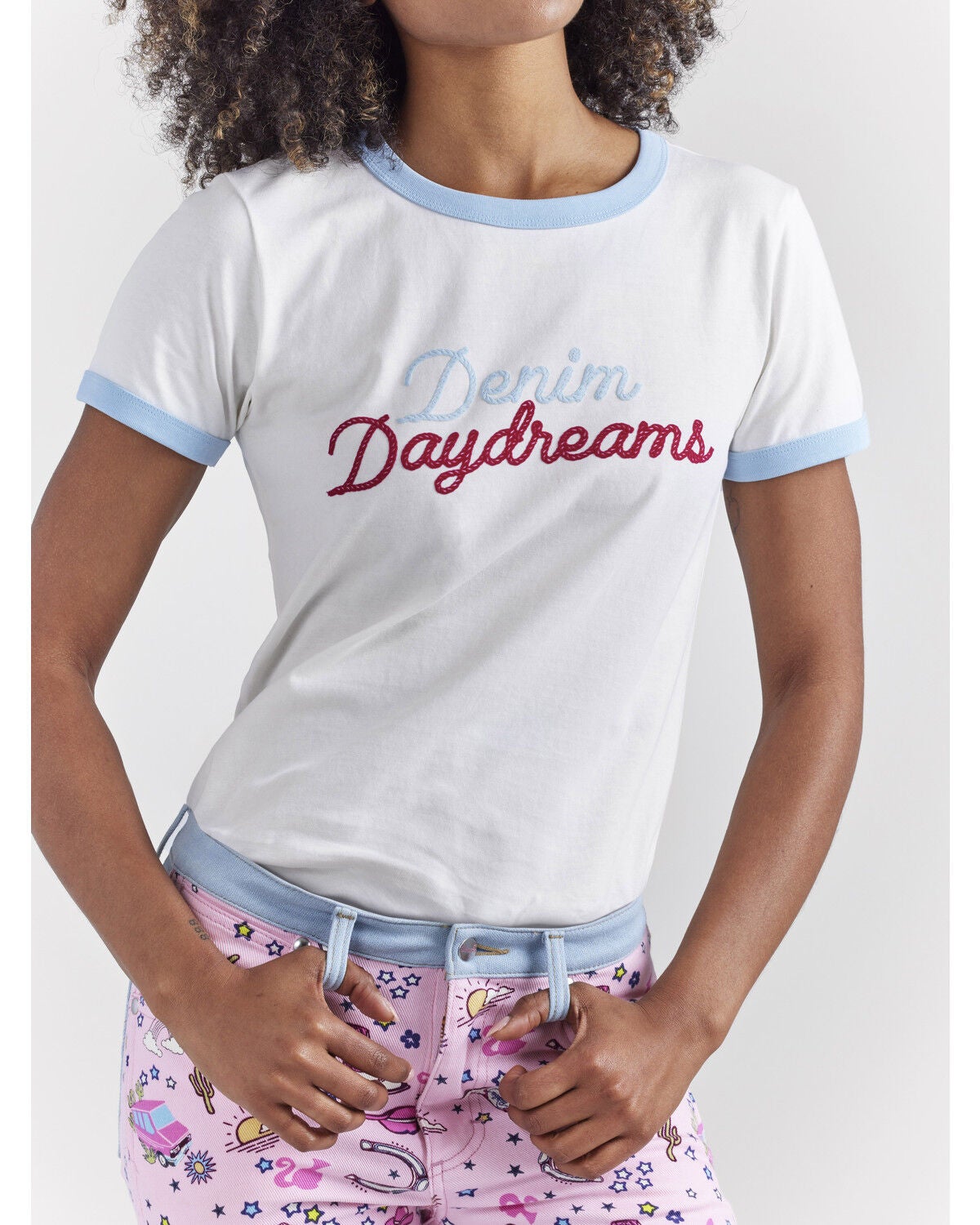 Image #3 - Wrangler&reg; X Barbie&trade; Women's Denim Daydreams Slim Ringer Tee, White, hi-res