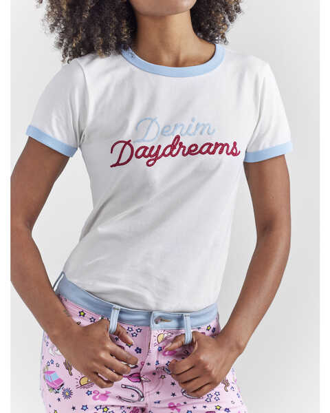Image #3 - Wrangler® X Barbie™ Women's Denim Daydreams Slim Ringer Tee, White, hi-res