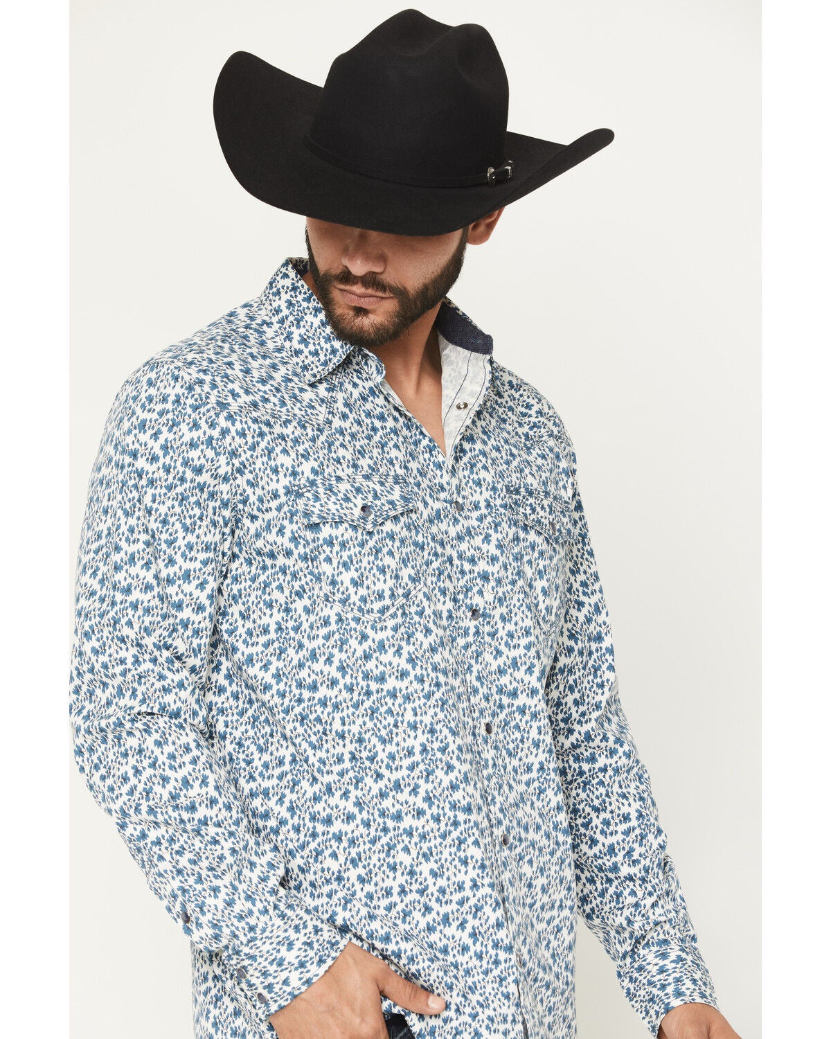 Image #2 - Moonshine Spirit&reg; Men's Falling Leaf Floral Print Long Sleeve Snap Western Shirt, Blue, hi-res