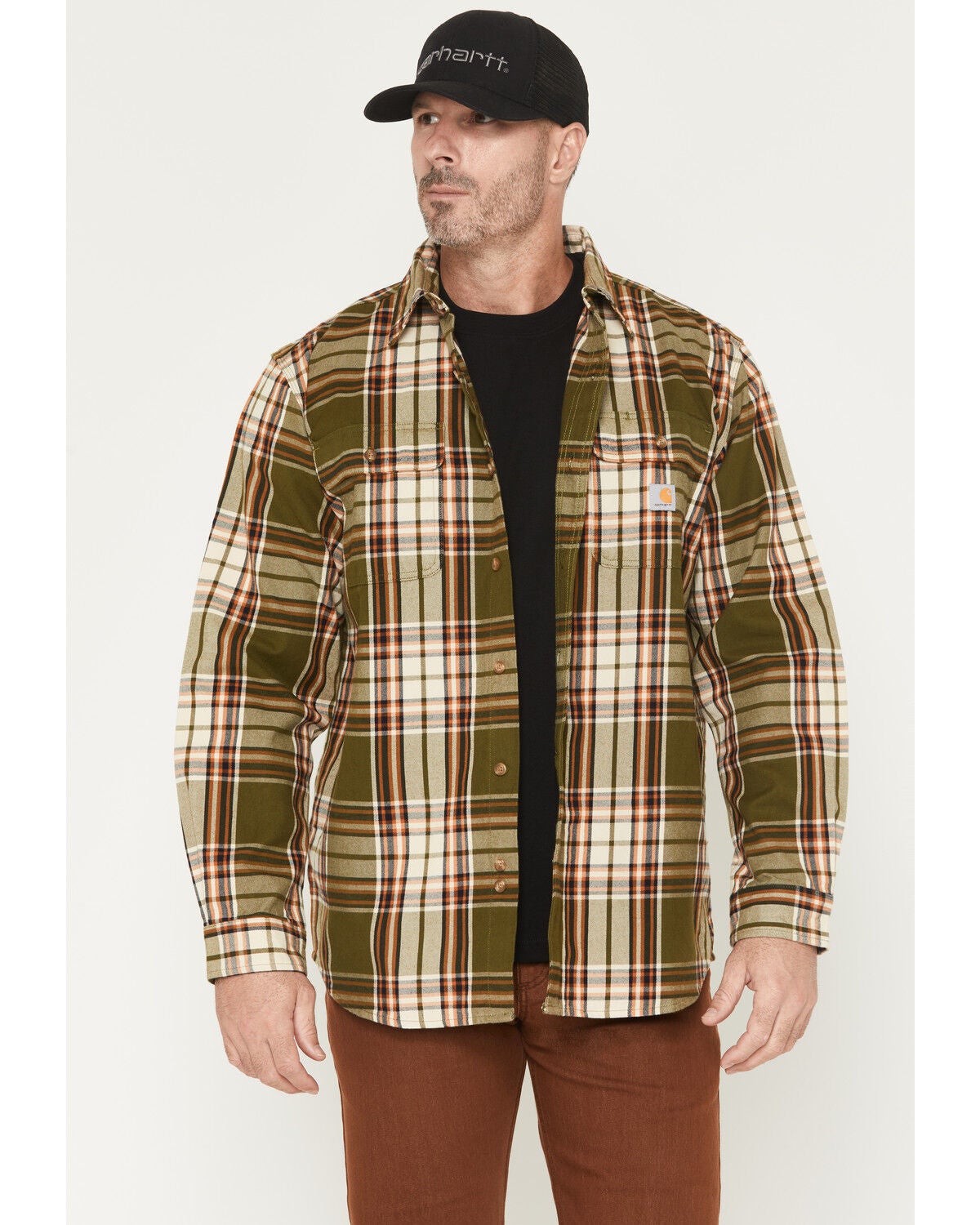 Carhartt Men's Heavyweight Plaid Print Long Sleeve Button-Down Flannel Shirt, Green/brown, hi-res