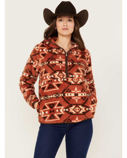 Image #1 - Ariat Women's Southwestern Print Berber Hooded Pullover, Rust Copper, hi-res