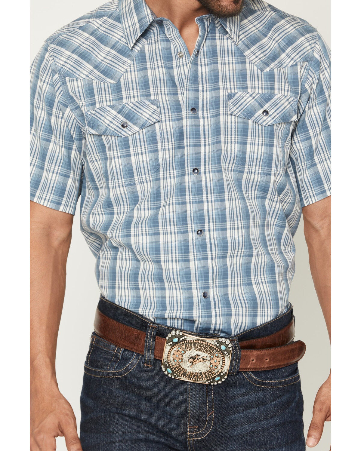 Image #3 - Cody James Men's Briggs Plaid Print Short Sleeve Snap Western Shirt - Tall, Blue, hi-res