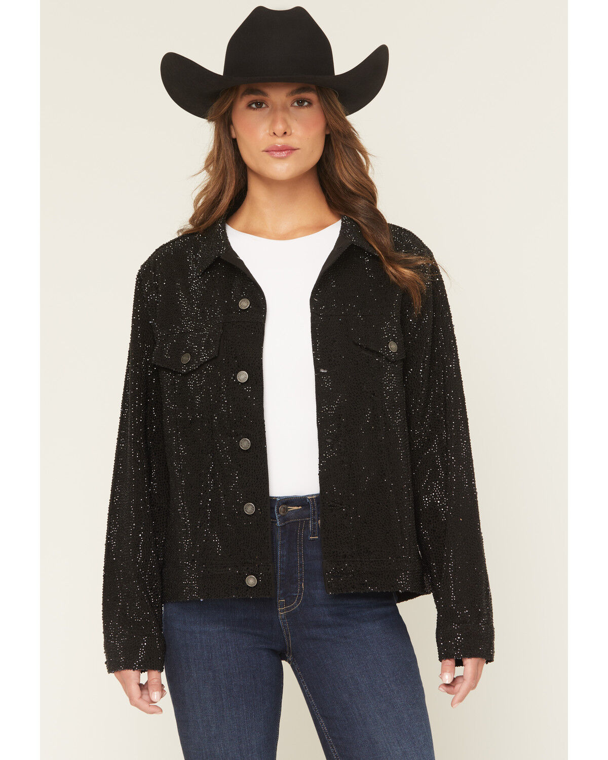 Image #2 - DanielXDiamond Women's Cash Embellished Denim Jacket, Black, hi-res