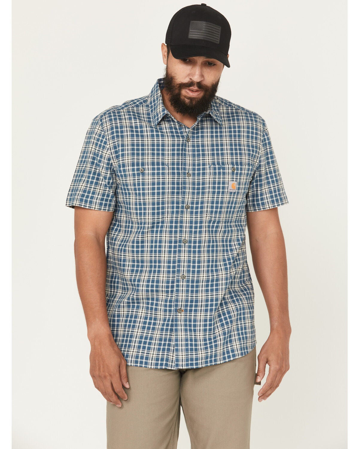 Carhartt Men's Rugged Flex&reg; Relaxed Fit Lightweight Plaid Print Short Sleeve Button-Down Work Shirt, Blue, hi-res