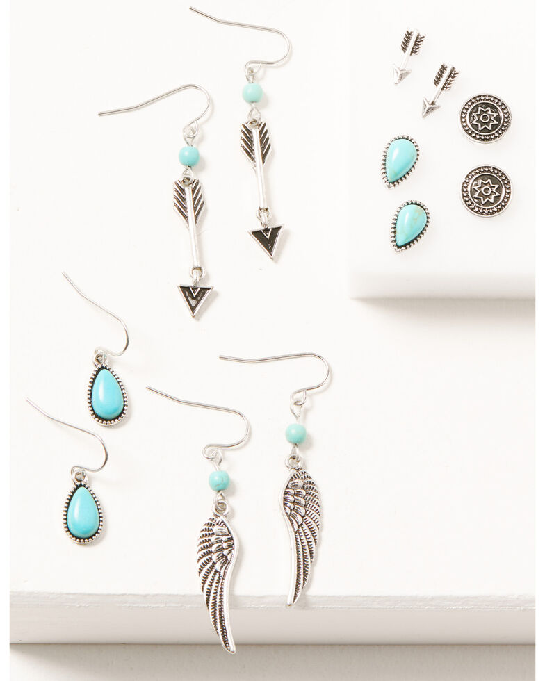 Shyanne Women's 6-piece Silver & Turquoise Arrow Leaf Earrings Set, Silver, hi-res