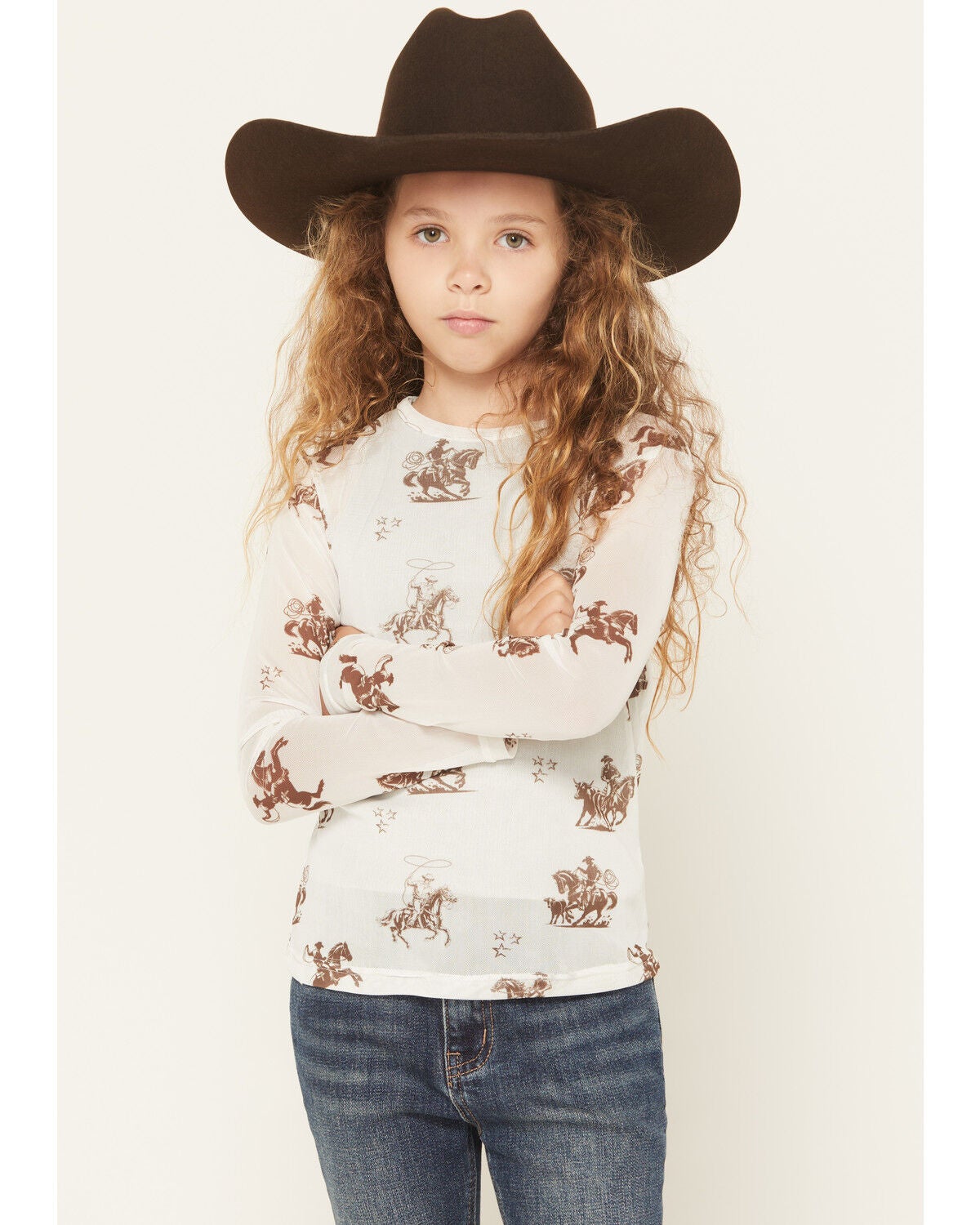 Image #1 - Cowgirl Hardware Girls' Desert Bronc Long Sleeve Mesh Top, White, hi-res