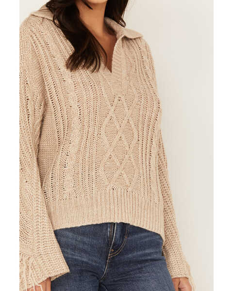 Image #3 - Revel Women's Cable Knit Collared Fringe Sweater, Oatmeal, hi-res