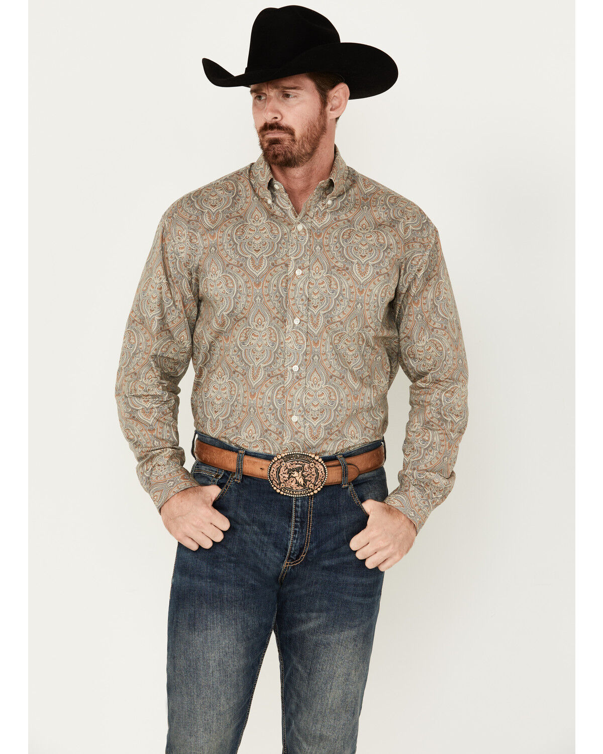 Image #1 - Stetson Men's Mosaic Print Long Sleeve Button-Down Western Shirt, Grey, hi-res