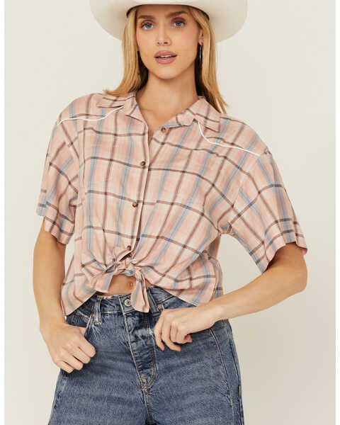 Cumberland Outfitters Women's Plaid Print Short Sleeve Button-Down Western Shirt , Peach, hi-res