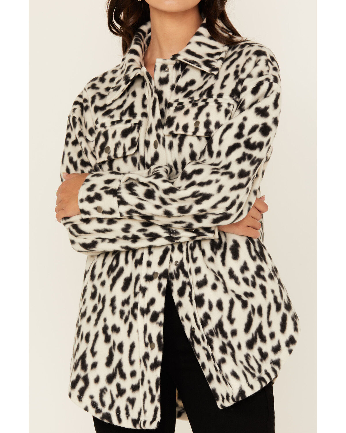 Image #3 - Fornia Women's Leopard Print Polar Fleece Shacket, White, hi-res