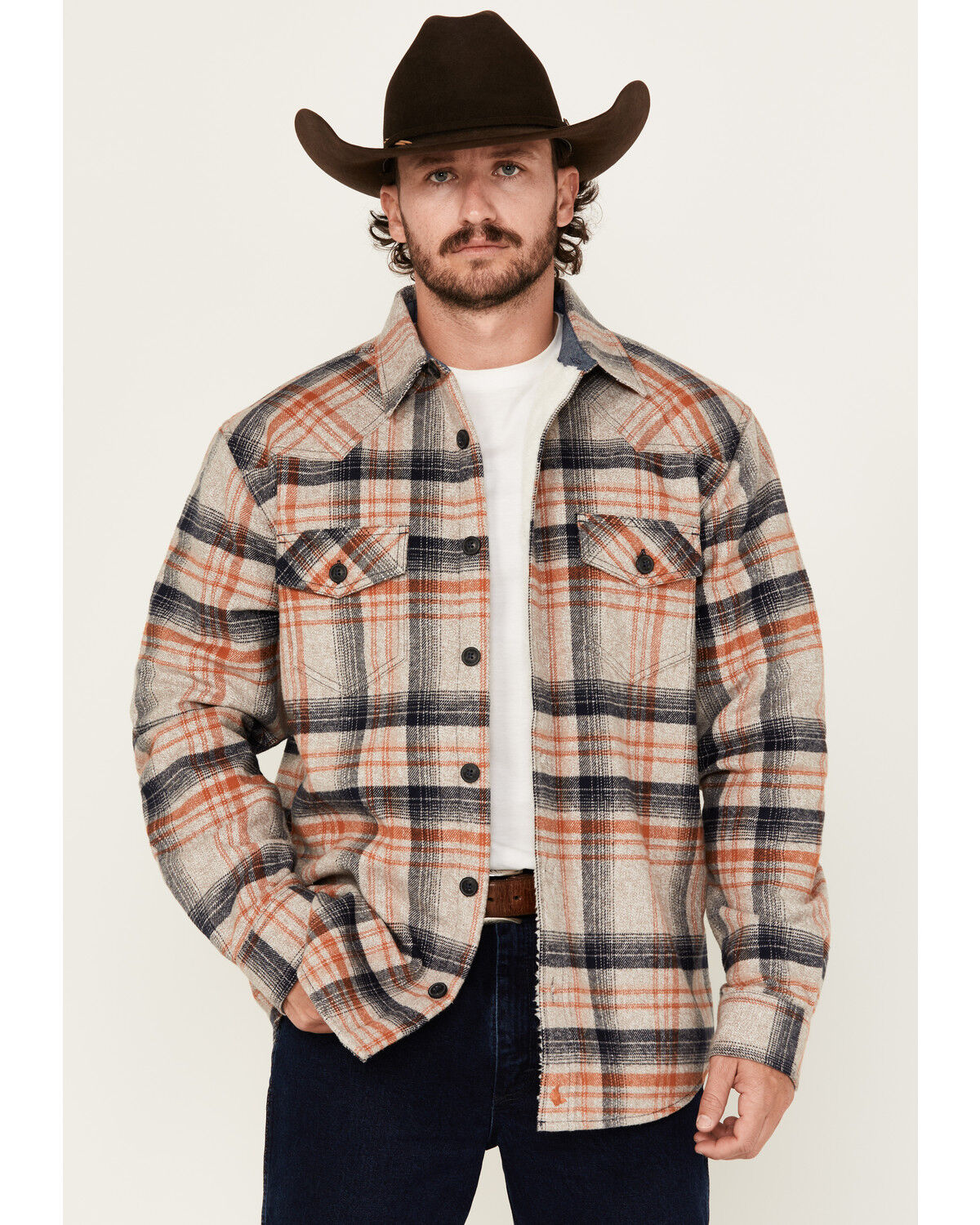 Image #1 - Cody James Men's Bandera Plaid Print Sherpa Lined Shirt Jacket, Tan, hi-res