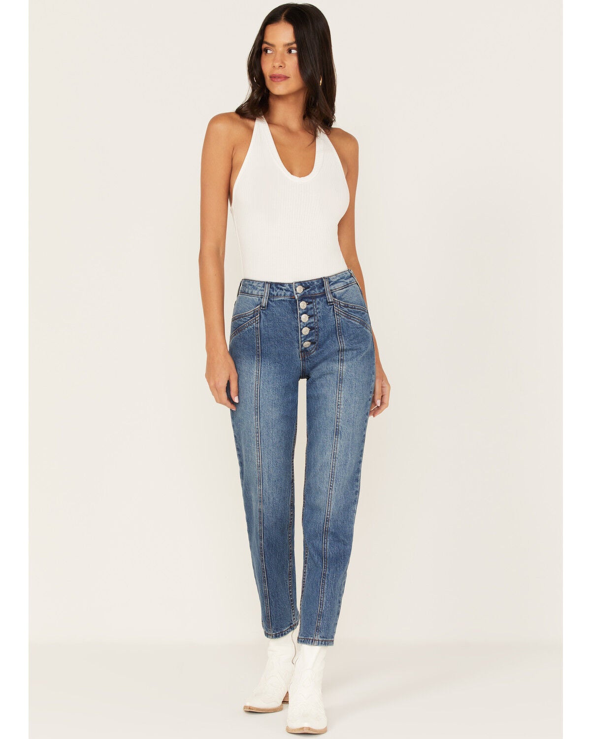 Cleo + Wolf Women's High Rise Straight Dark Wash Denim Jeans, Dark Medium Wash, hi-res