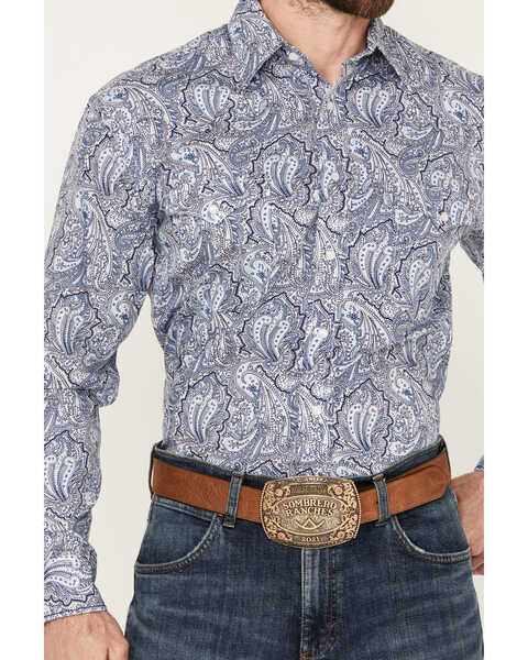 Image #3 - Rough Stock by Panhandle Men's Paisley Print Long Sleeve Pearl Snap Western Shirt, Blue, hi-res
