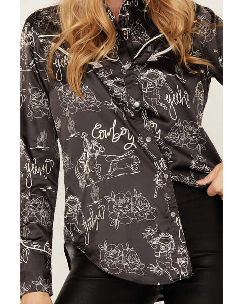 Image #3 - Rodeo Quincy Women's Horse Print Long Sleeve Pearl Snap Western Shirt , Black/white, hi-res