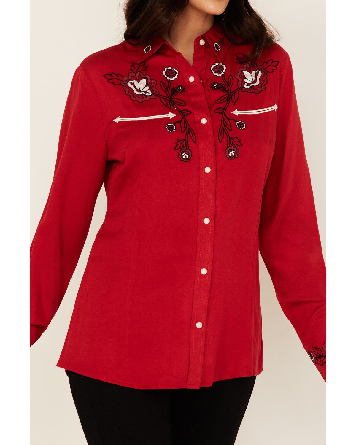 Image #3 - Wrangler Women's Floral Embroidered Long Sleeve Snap Western Shirt, Red, hi-res