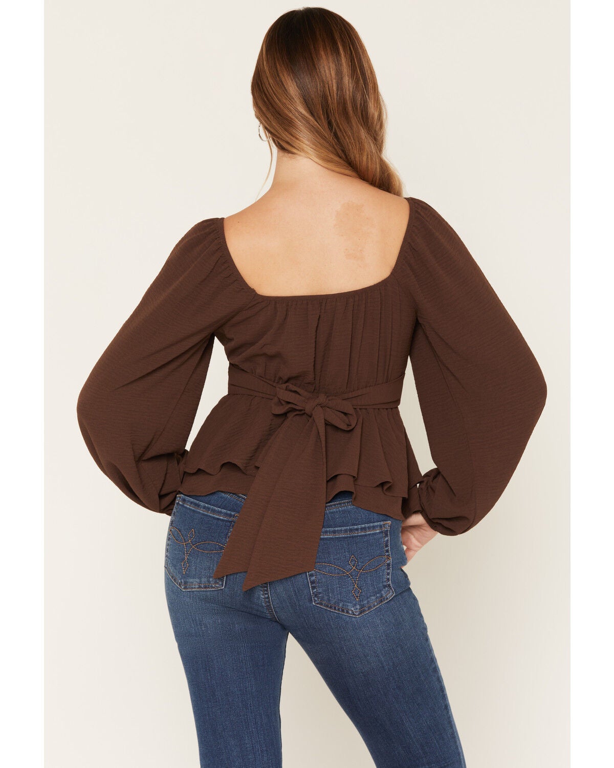 Image #4 - Originality Women's Boot Barn Exclusive Emma Double Layer Peplum Top, Brown, hi-res