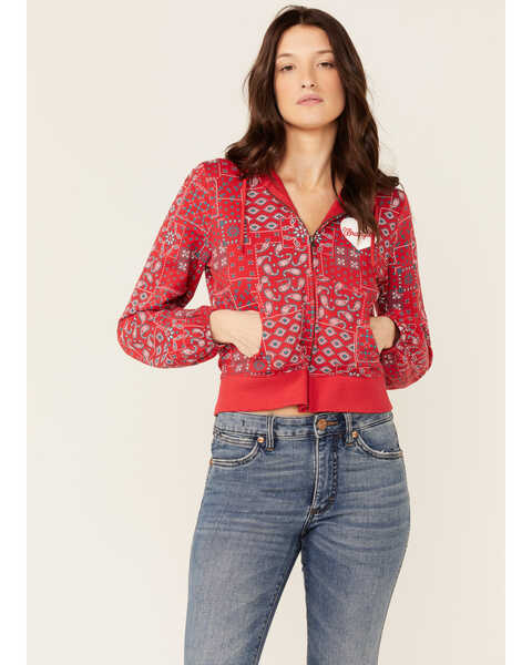 Image #1 - Wrangler Women's Bandana Print Red Crop Zip Hooded Jacket, Red, hi-res