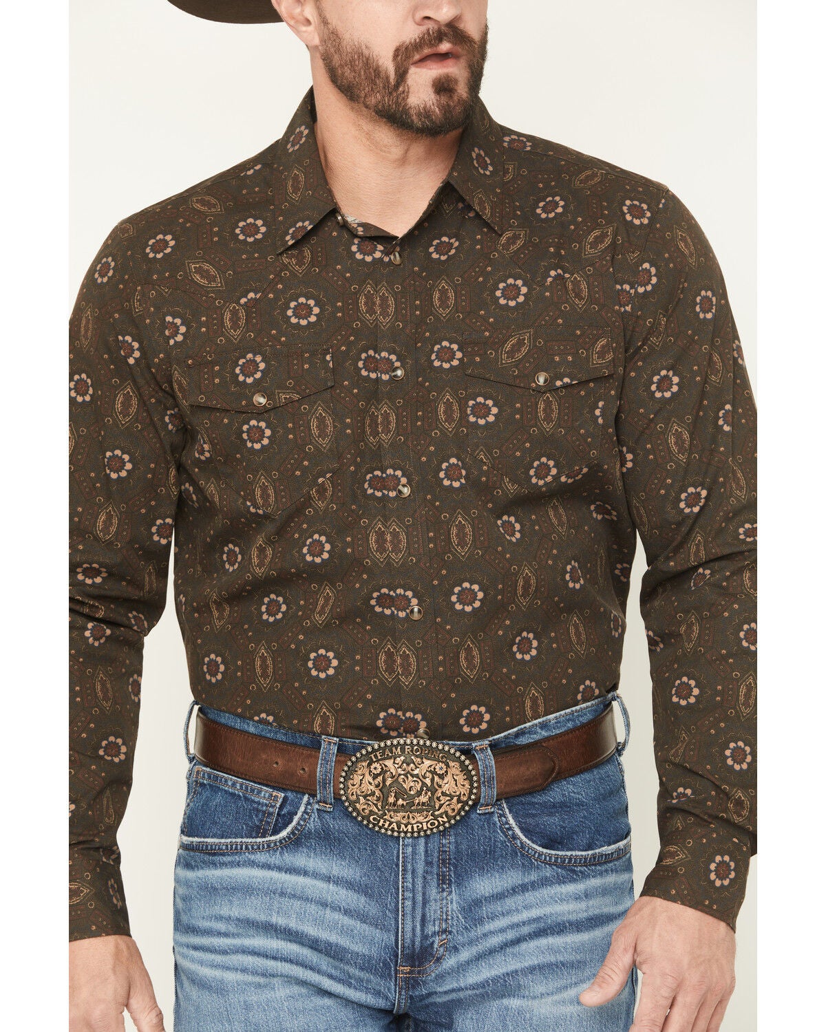 Image #3 - Gibson Trading Co Men's Bourbon Street Medallion Print Long Sleeve Snap Stretch Western Shirt, Brown, hi-res
