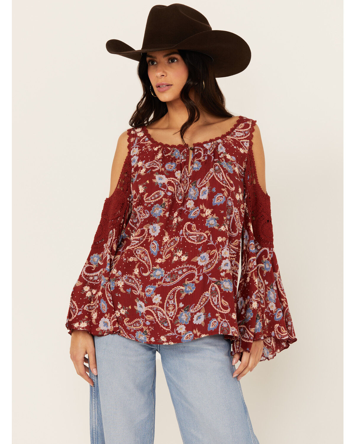 Image #1 - Bila Women's Floral Print Long Sleeve Cold Shoulder Shirt, Brick Red, hi-res
