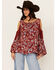 Image #1 - Bila Women's Floral Print Long Sleeve Cold Shoulder Shirt, Brick Red, hi-res