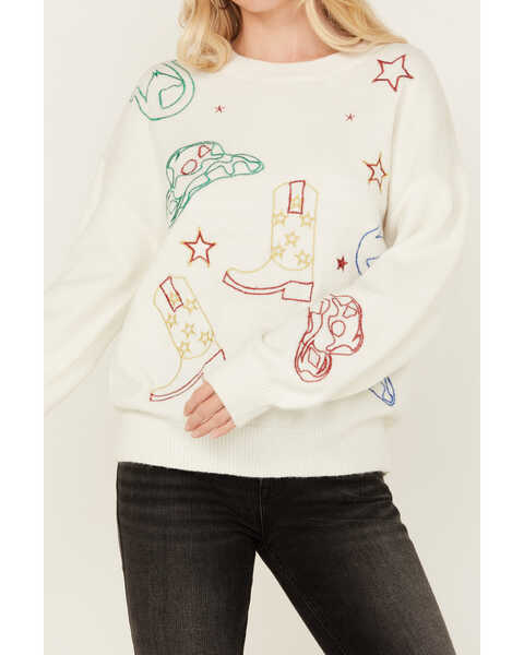 Image #2 - Blue B Women's Metallic Embroidered Western Sweater , White, hi-res