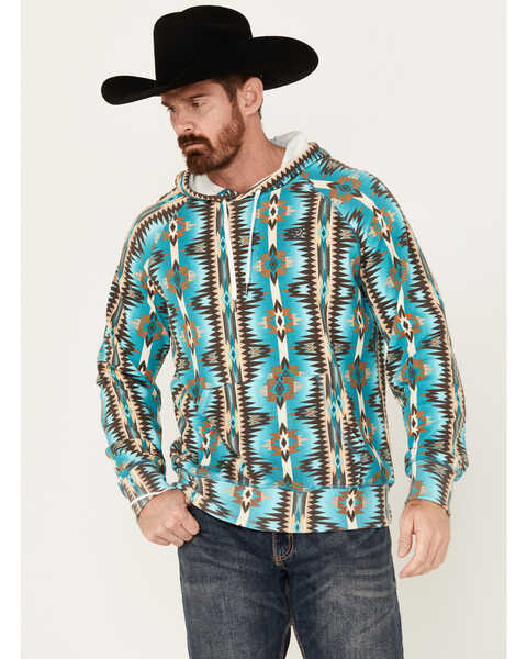 Image #1 - Rock & Roll Denim Men's Southwestern Hooded Sweatshirt, Turquoise, hi-res
