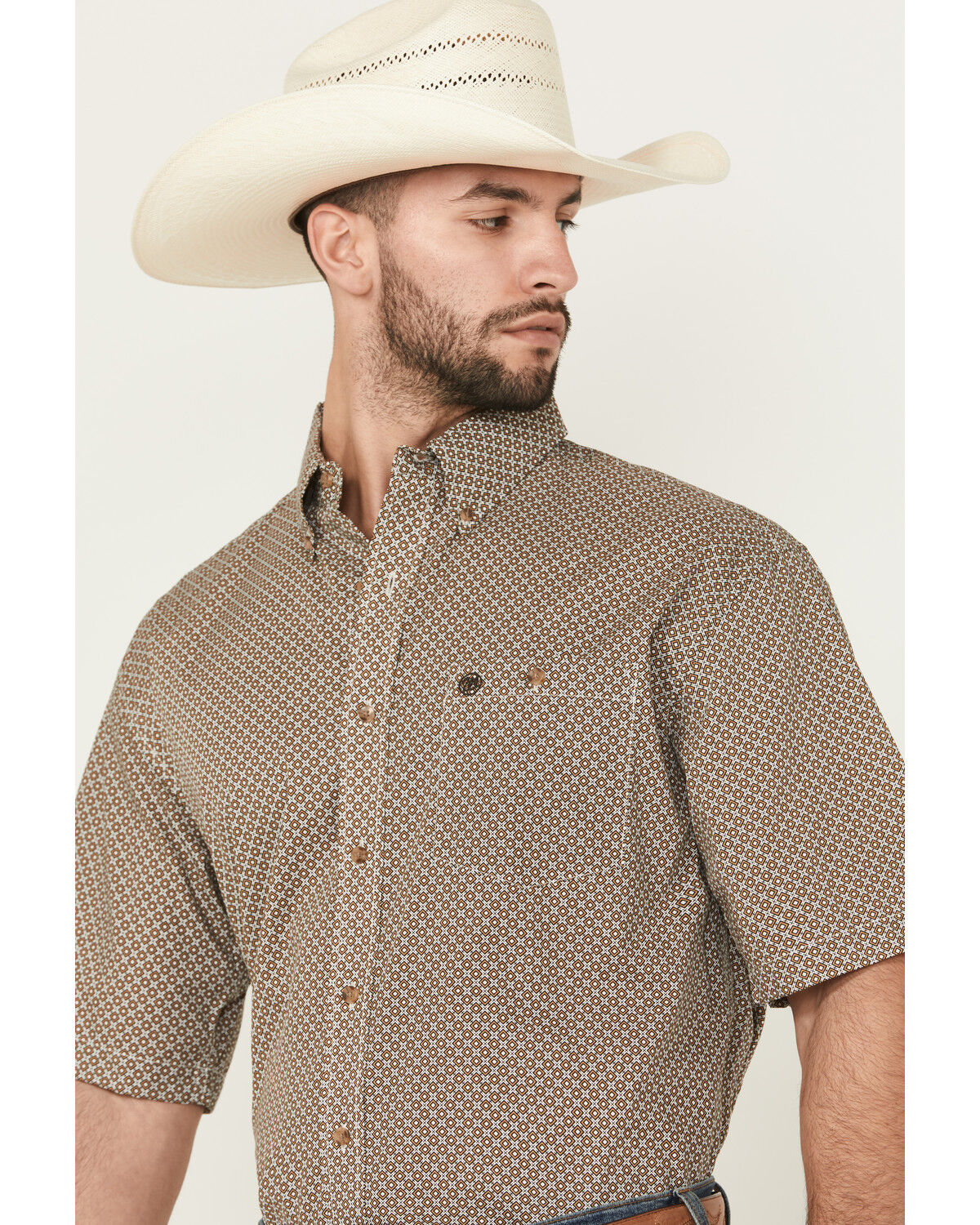 Image #2 - Wrangler Men's Geo Print Short Sleeve Button-Down Stretch Western Shirt, Brown, hi-res