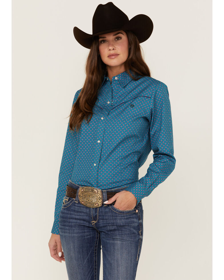 Roper Women's Geo Print Long Sleeve Snap Western Shirt, Green, hi-res