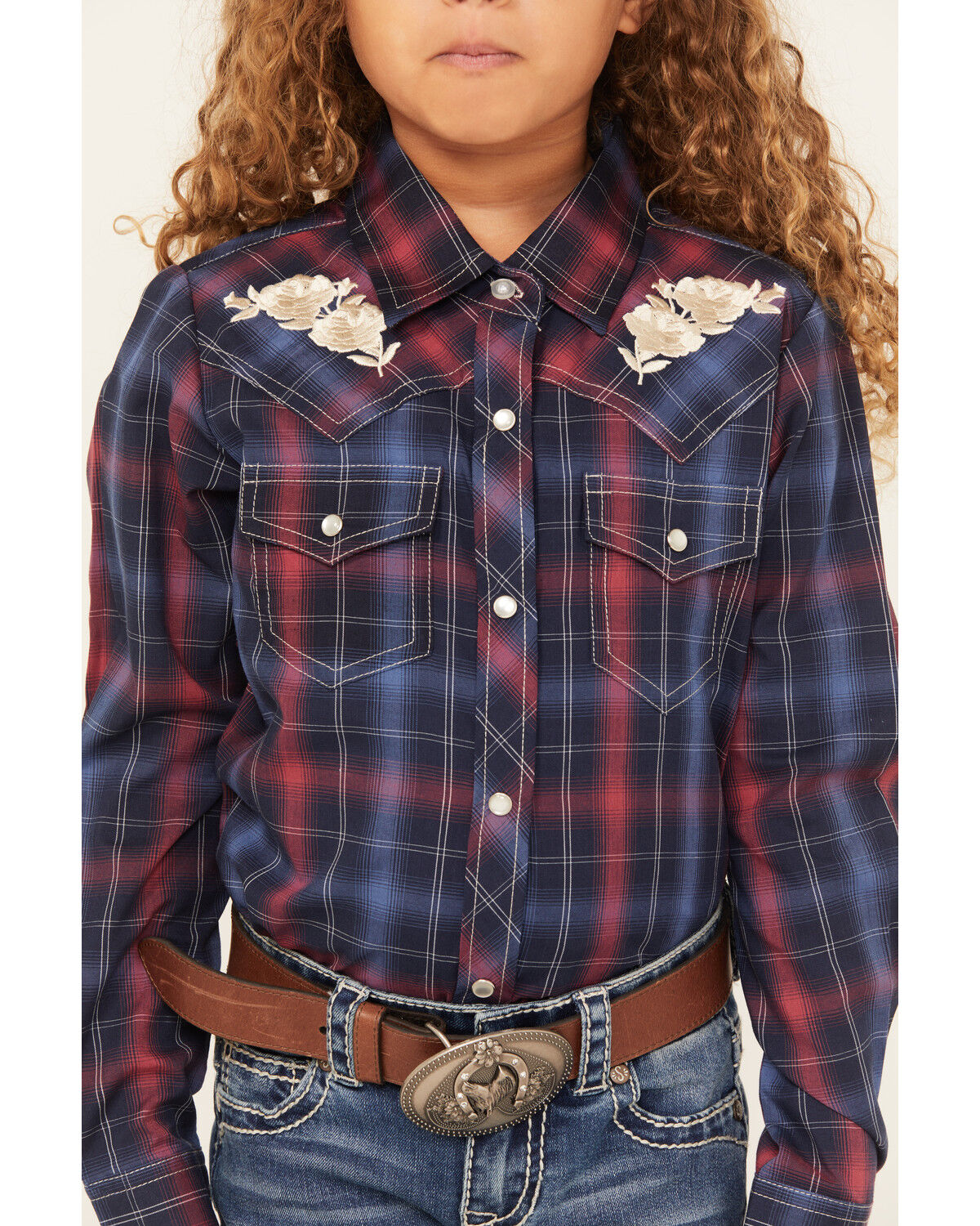 Image #3 - Ely Walker Girls' Plaid Print Rose Embroidered Long Sleeve Pearl Snap Western Shirt, Navy, hi-res