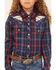 Image #3 - Ely Walker Girls' Plaid Print Rose Embroidered Long Sleeve Pearl Snap Western Shirt, Navy, hi-res