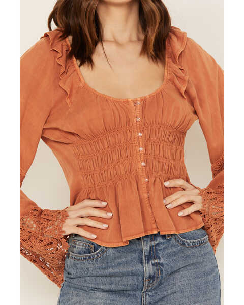 Image #3 - Scully Women's Long Sleeve Crochet Lace Trim Top, Rust Copper, hi-res