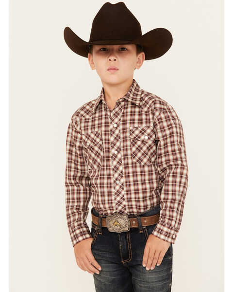 Roper Boys' Plaid Print Cowboy Embroidery Long Sleeve Pearl Snap Western Shirt, Burgundy, hi-res