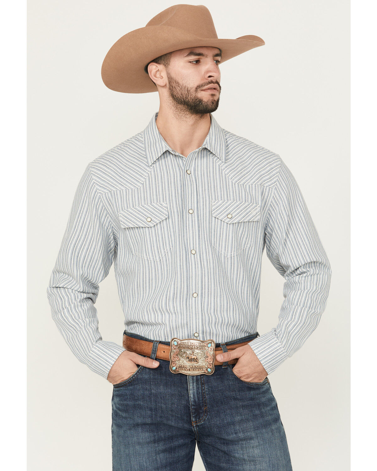 Image #1 - Blue Ranchwear Men's Cloud Striped Long Sleeve Snap Western Shirt, Light Blue, hi-res