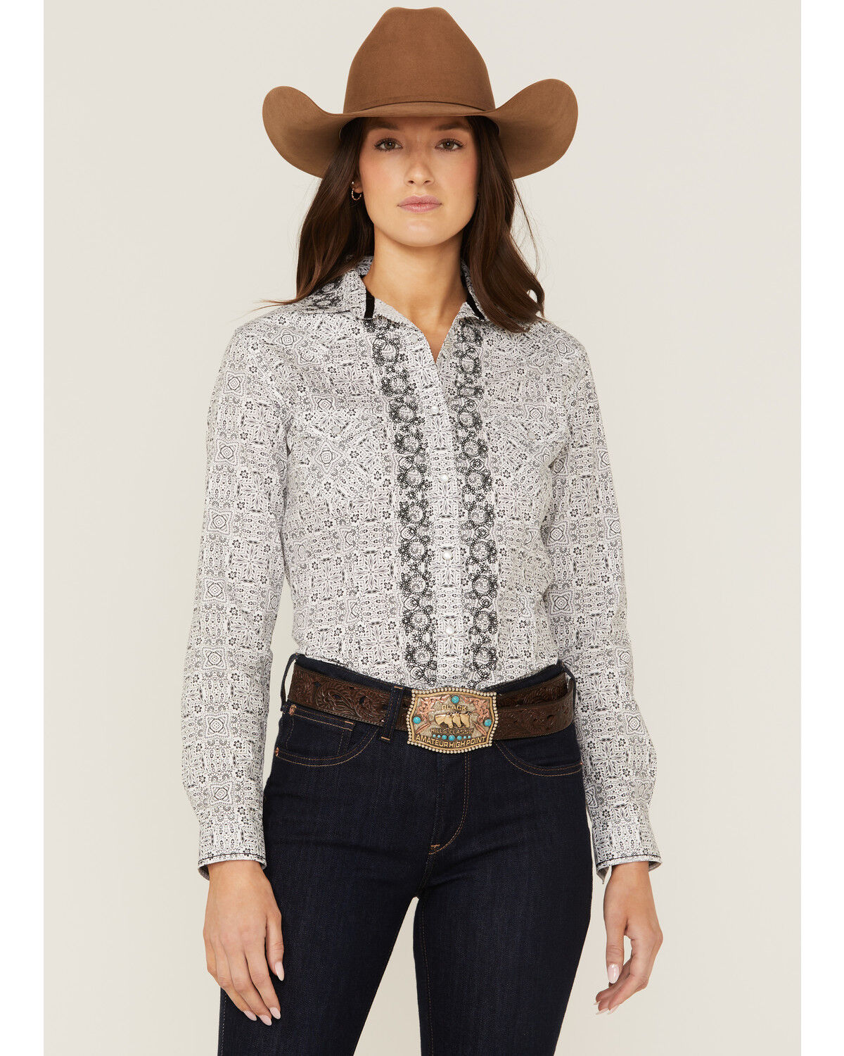 Image #1 - Panhandle Women's Digital Bandana Print Pearl Snap Western Shirt, White, hi-res