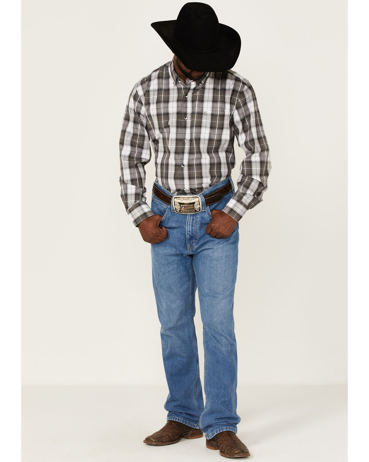 Image #2 - Rodeo Clothing Men's Large Dark Grey Plaid Long Sleeve Button-Down Western Shirt , , hi-res