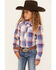 Image #2 - Ely Walker Girls' Plaid Print Long Sleeve Pearl Snap Western Shirt , Burgundy, hi-res