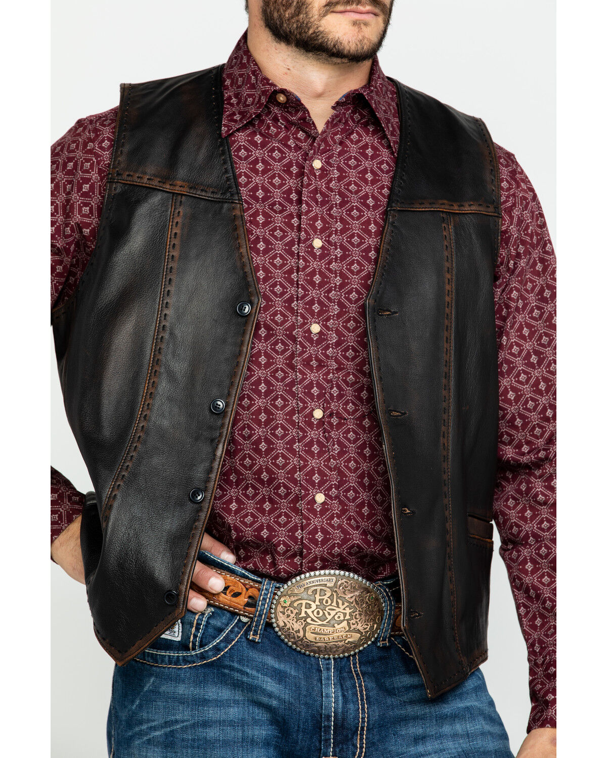 Image #4 - Scully Leatherwear Men's Leather Buck Stitch Vest, Brown, hi-res