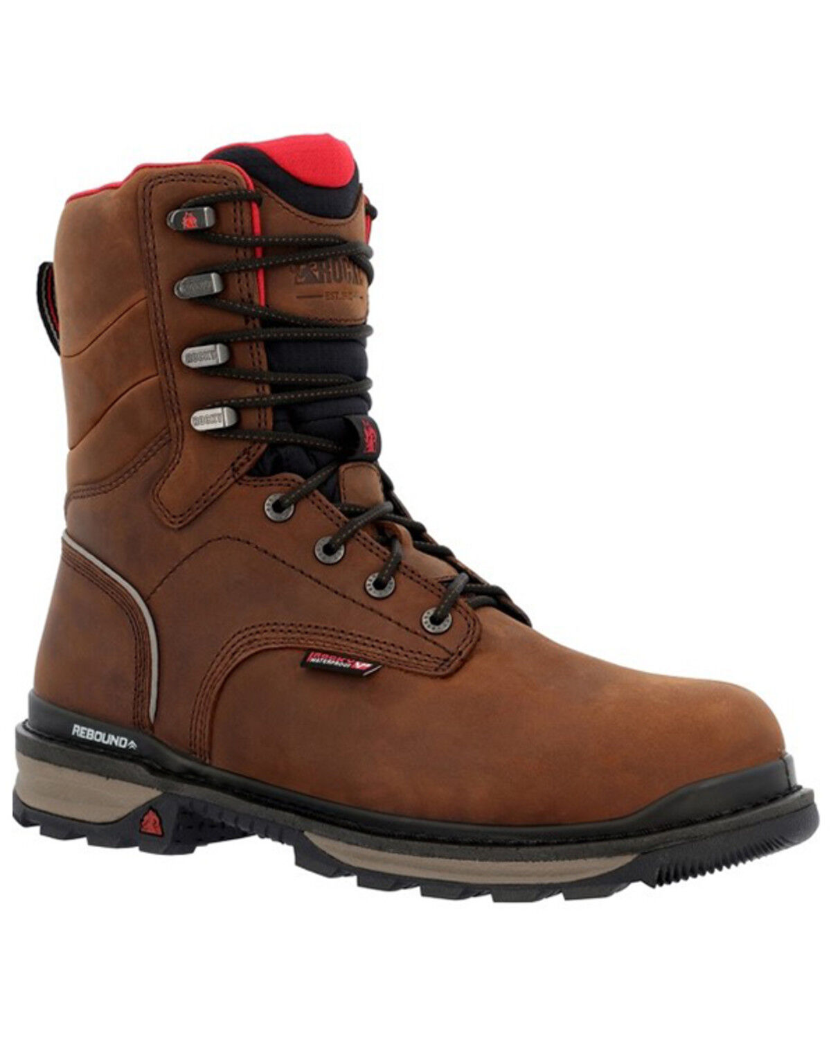 Image #1 - Rocky Men's Rams Horn Waterproof 8" Lace-Up Work Boots - Composite Toe, Brown, hi-res