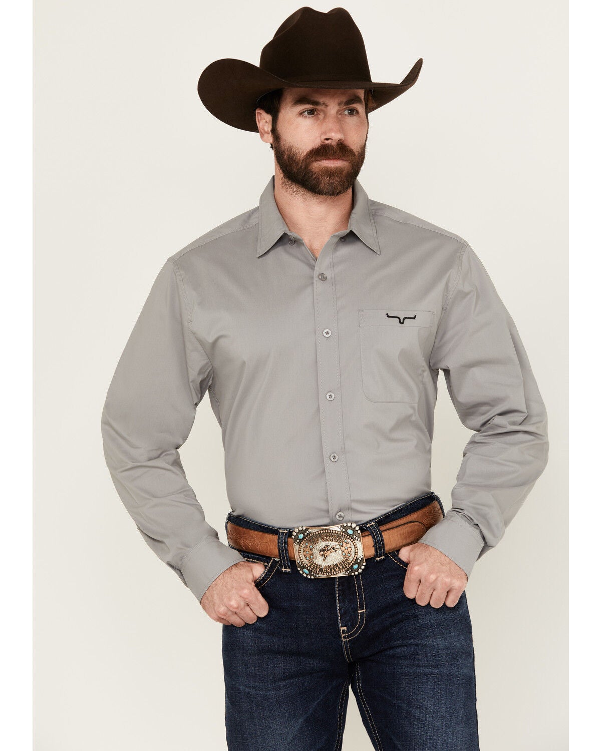 Image #1 - Kimes Ranch Men's Team Solid Long Sleeve Button-Down Performance Western Shirt, Grey, hi-res