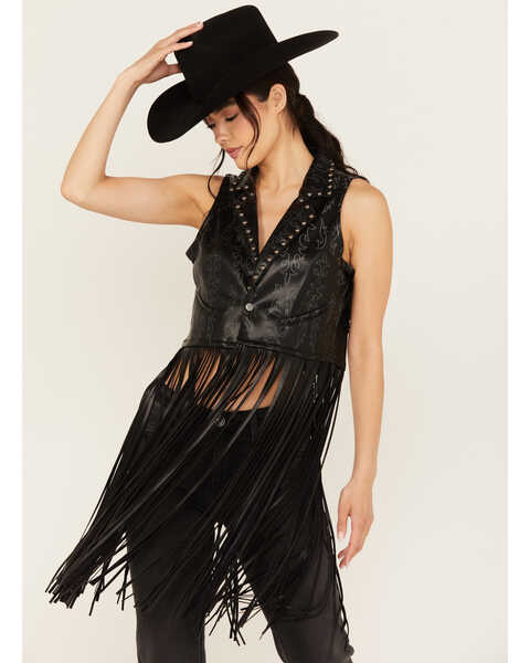 Image #1 - Rock & Roll Denim Women's Embellished Long Fringe Vest , Black, hi-res