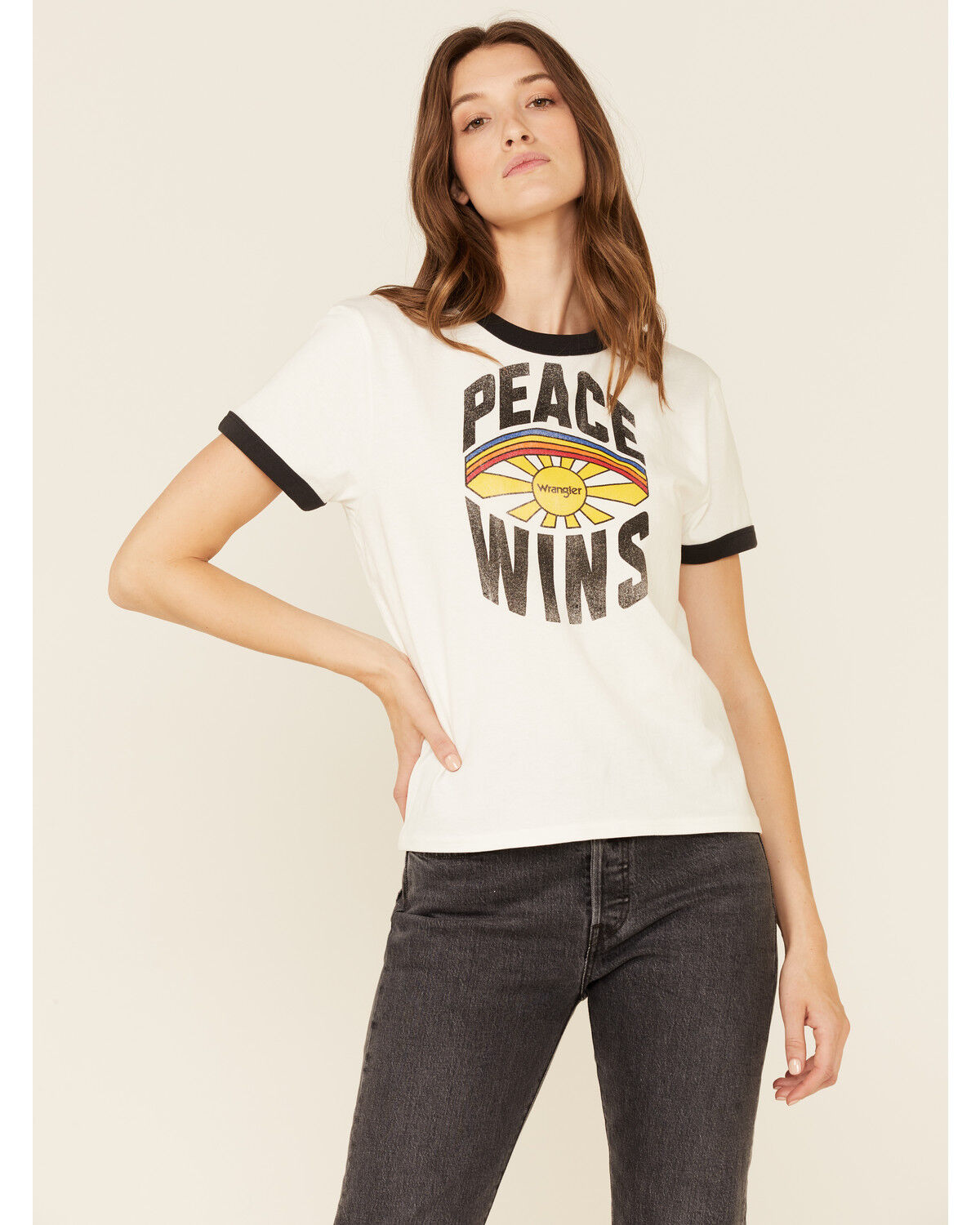 Image #1 - Wrangler Modern Women's Ivory Peace Wins Graphic Short Sleeve Ringer Tee , , hi-res