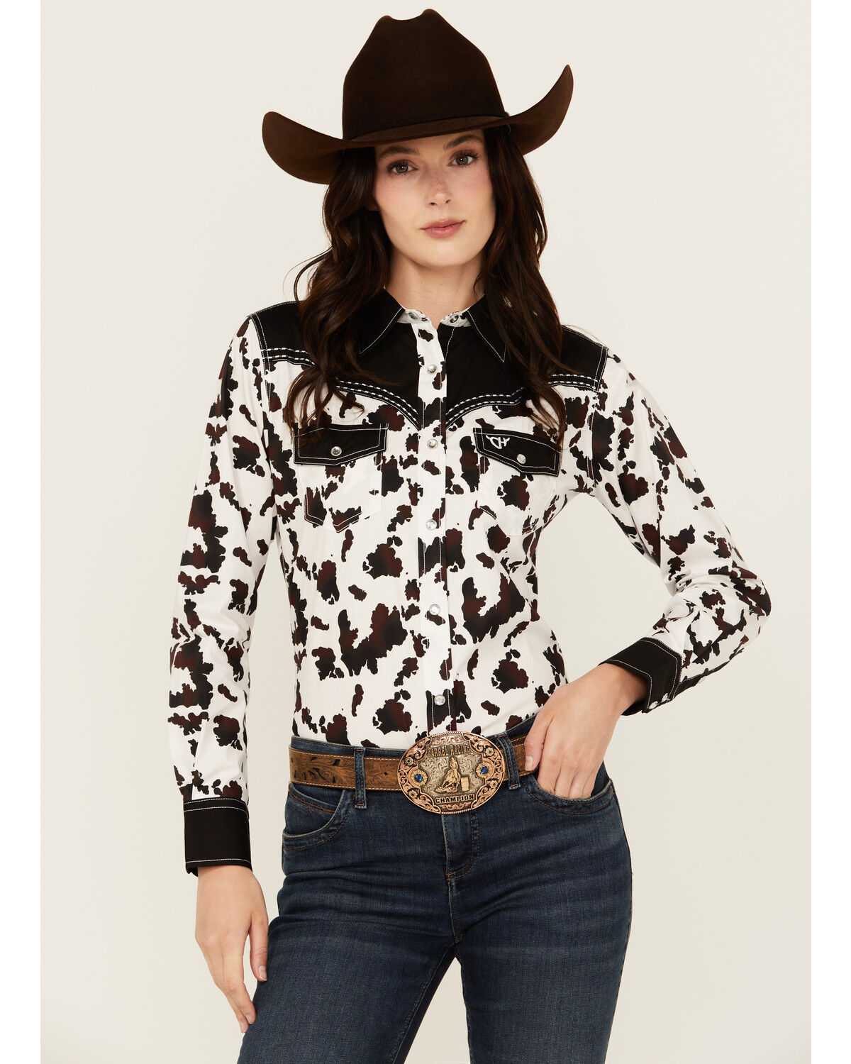 Image #1 - Cowgirl Hardware Women's Cow Print Long Sleeve Snap Western Shirt, Black/white, hi-res