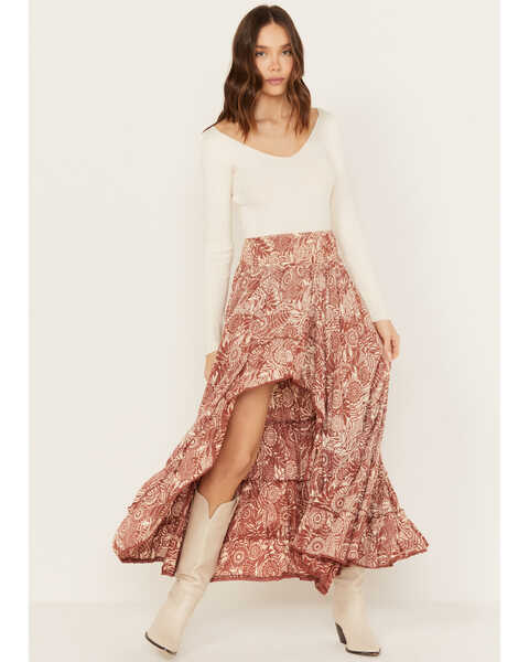Image #1 - Angie Women's High Low Floral Print Maxi Skirt, Rust Copper, hi-res