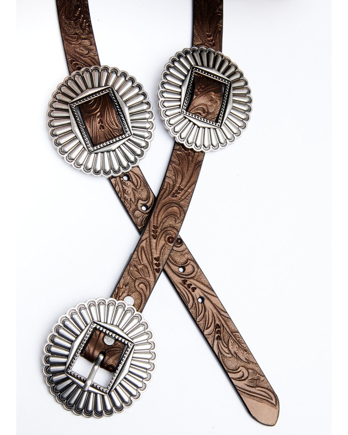 Image #3 - Shyanne Women's Tooled Metallic Concho Belt, Dark Brown, hi-res