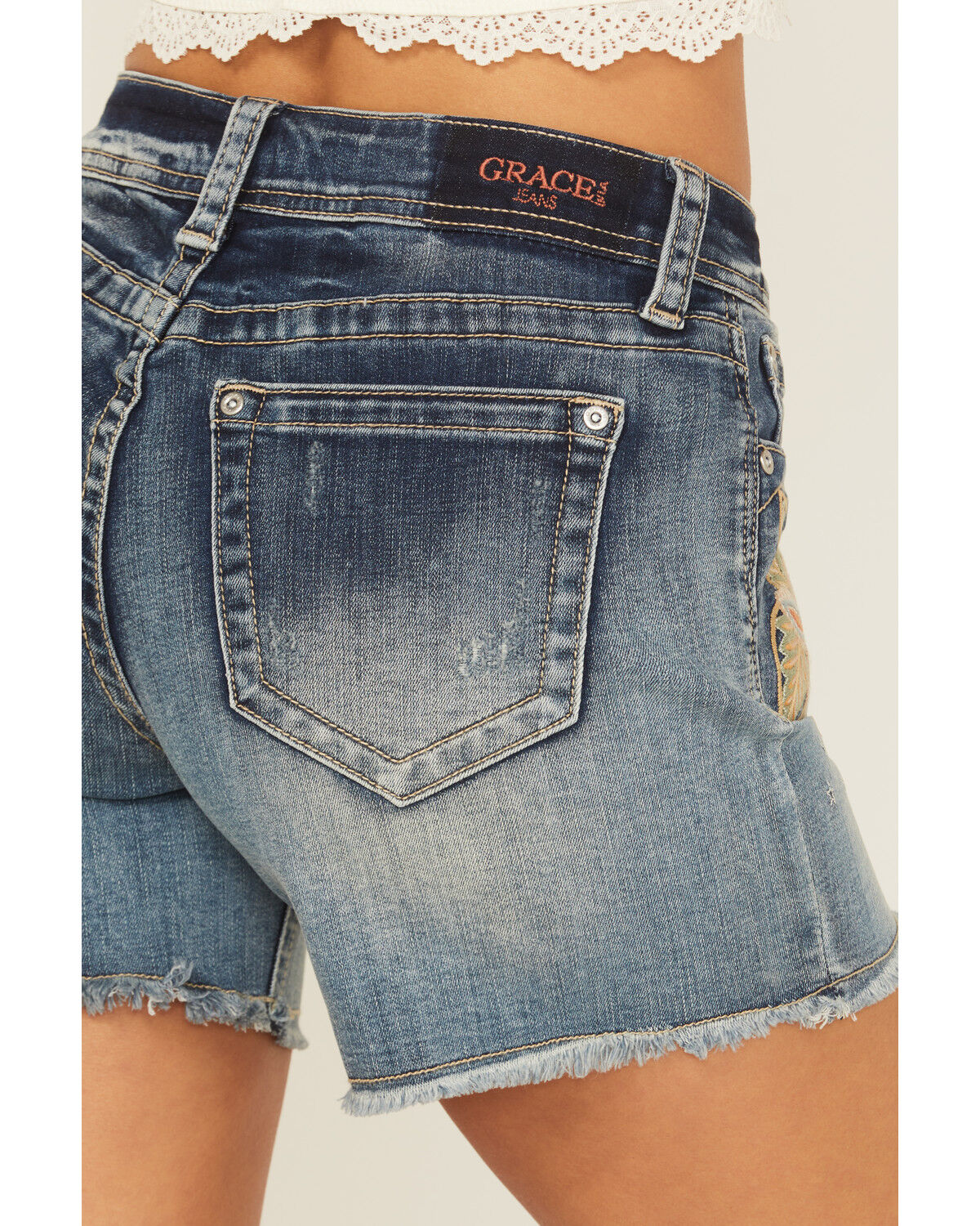 Image #4 - Grace In LA Women's Light Wash Mid Rise Floral Embroidered Cutoff Stretch Denim Short's, Light Wash, hi-res