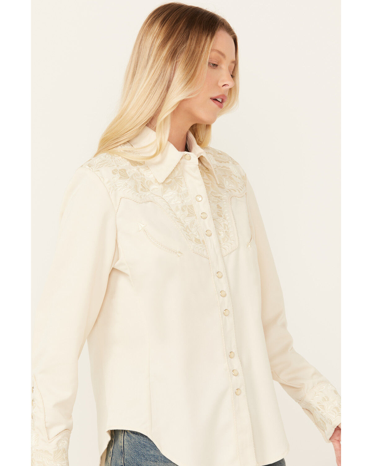 Image #2 - Scully Women's Floral Embroidered Long Sleeve Pearl Snap Western Shirt, Ivory, hi-res